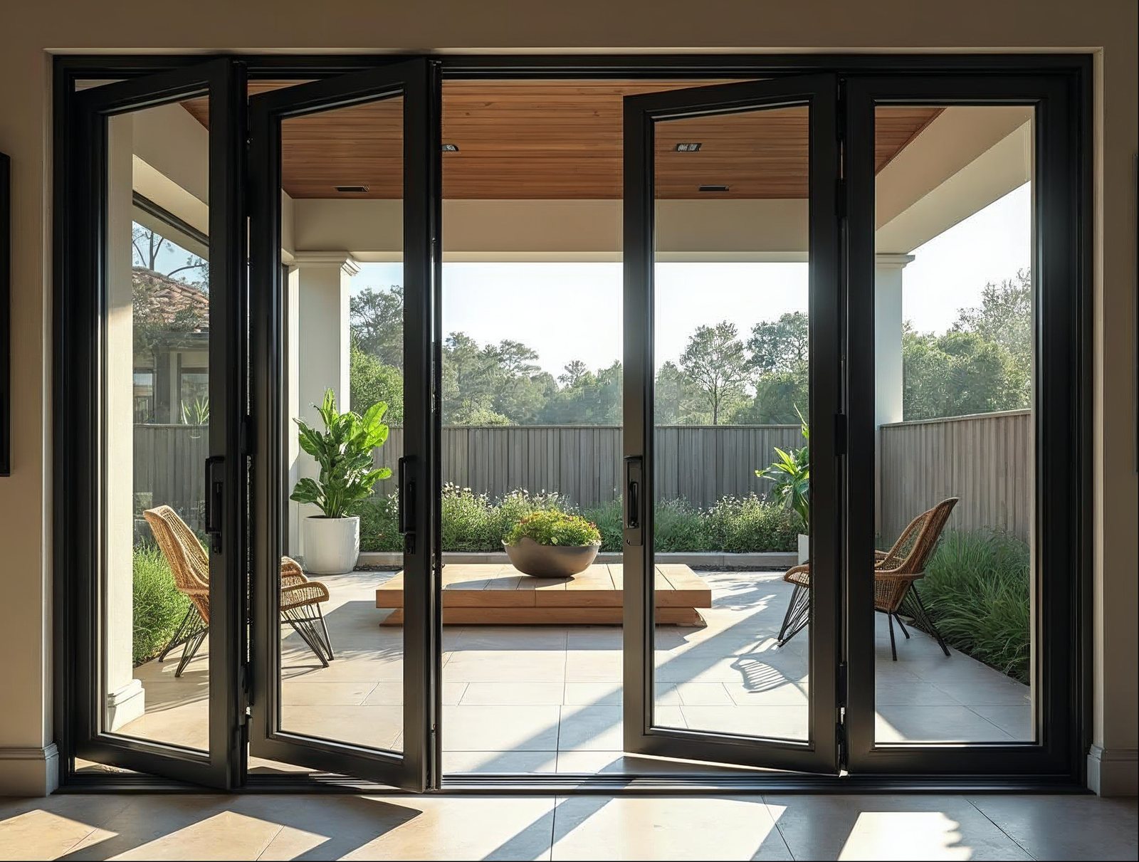 In-stock aluminum bi-fold doors ready to ship in matte black on a Florida contemporary home