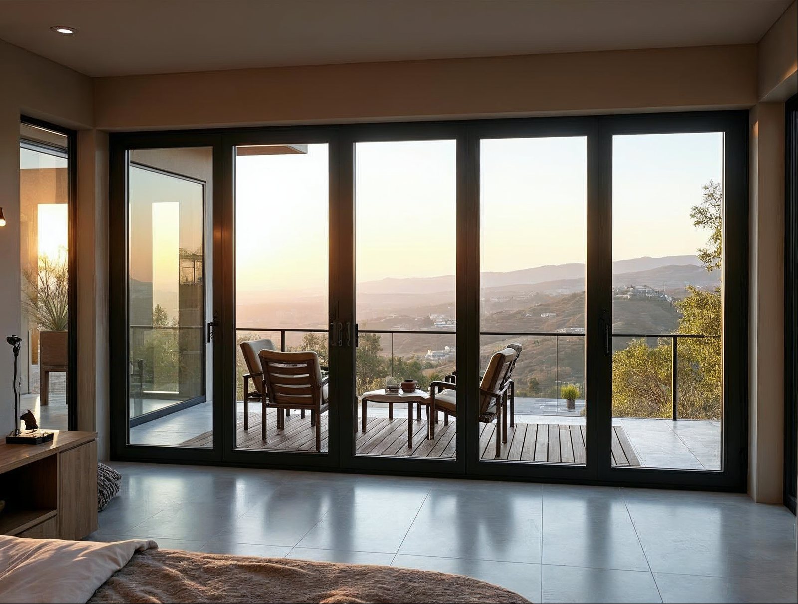 Contractor-specified aluminum bi-fold doors in matte black on a California modern home — bifold doors lead time