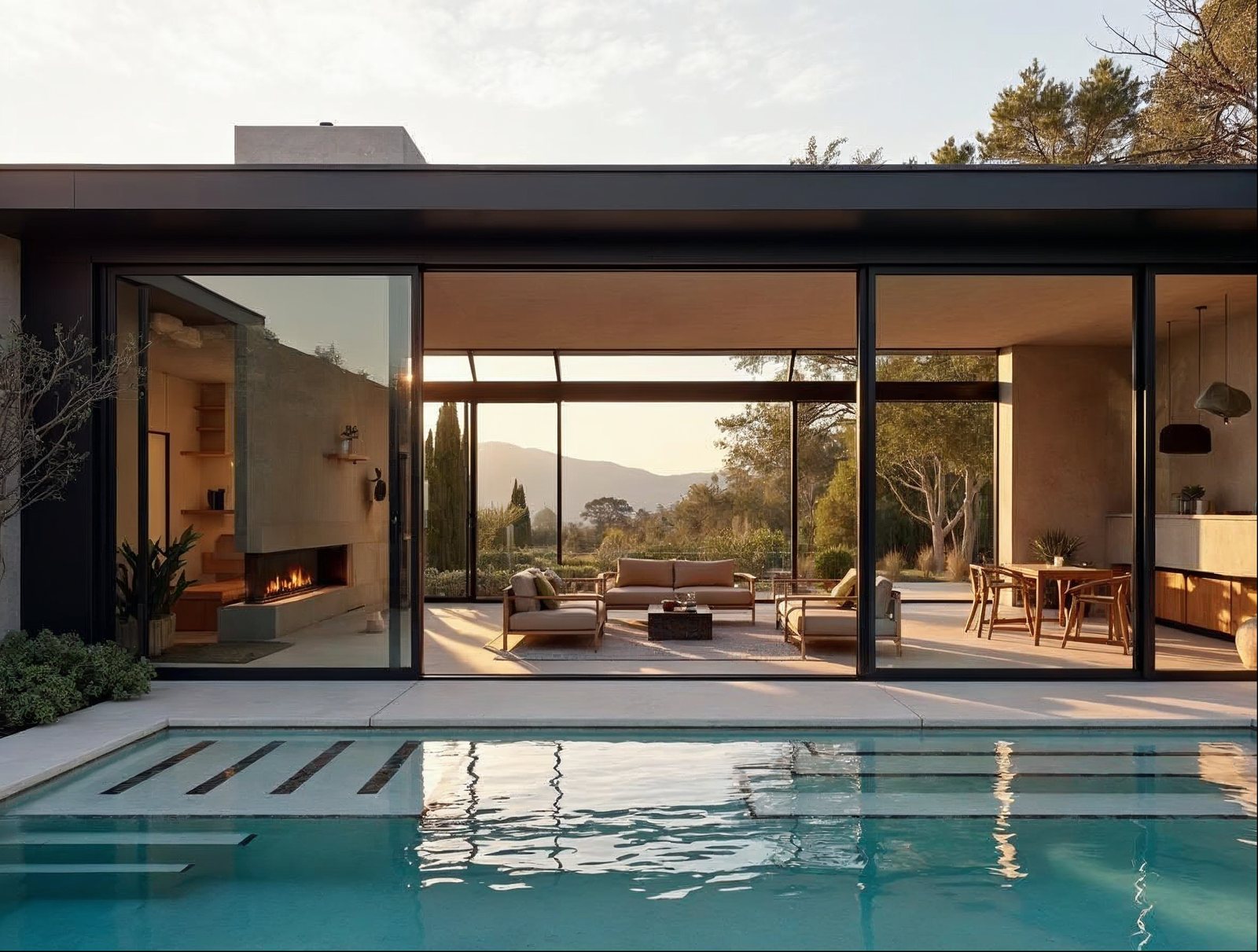 Four-panel aluminum multi-slide door in matte black framing a pool view, illustrating pricing by panel count