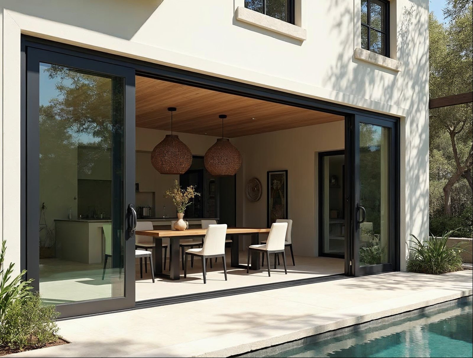Factory-direct aluminum sliding glass door in matte black installed in a Texas home, showing in-stock availability