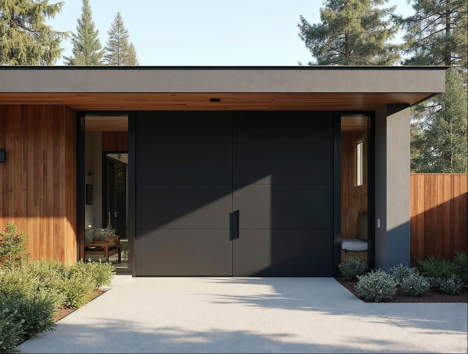 Full-lite aluminum pivot front door with thermal-break frame on a Pacific Northwest modern home