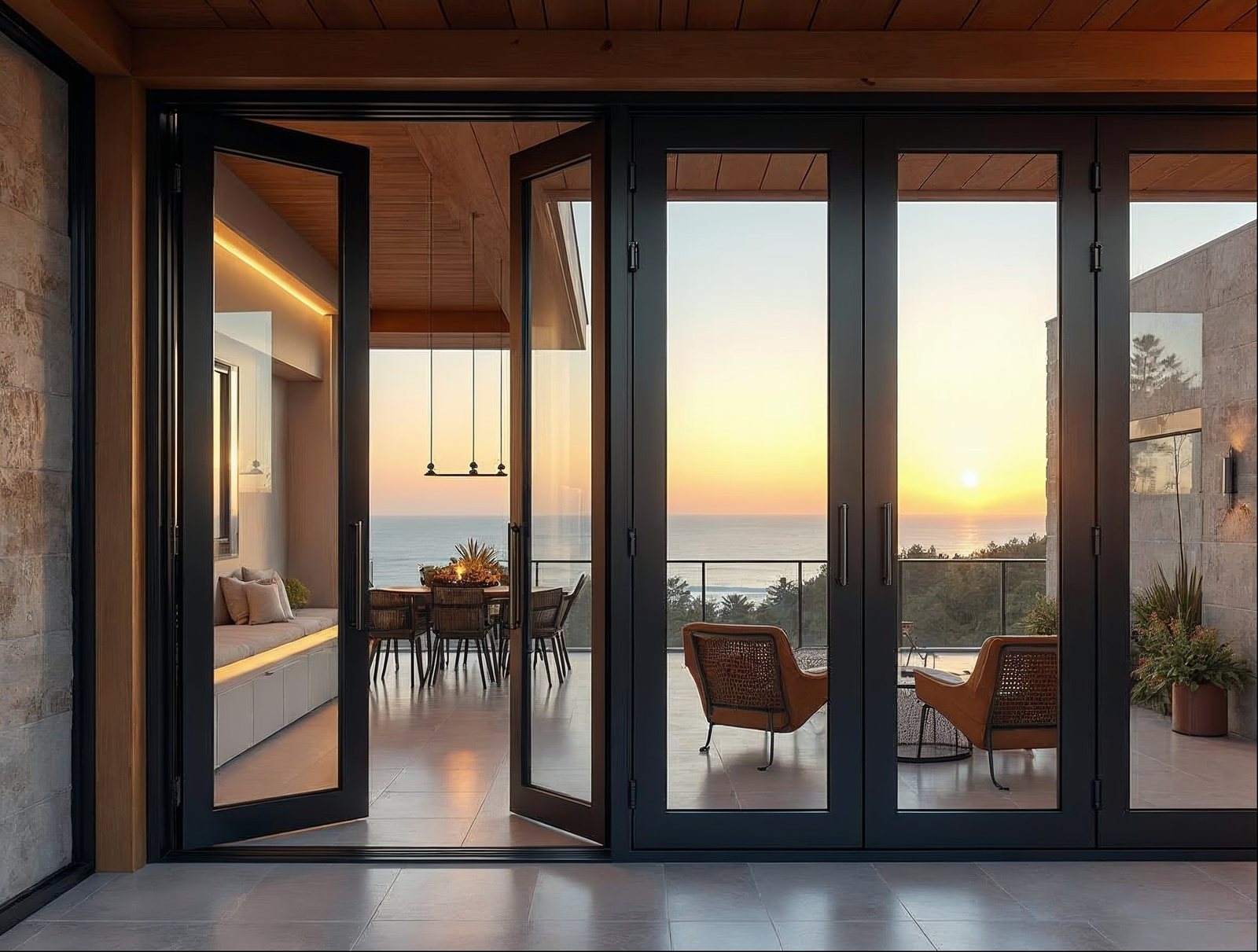 bi-fold accordion patio door fully open stacking to one side, matte black aluminum