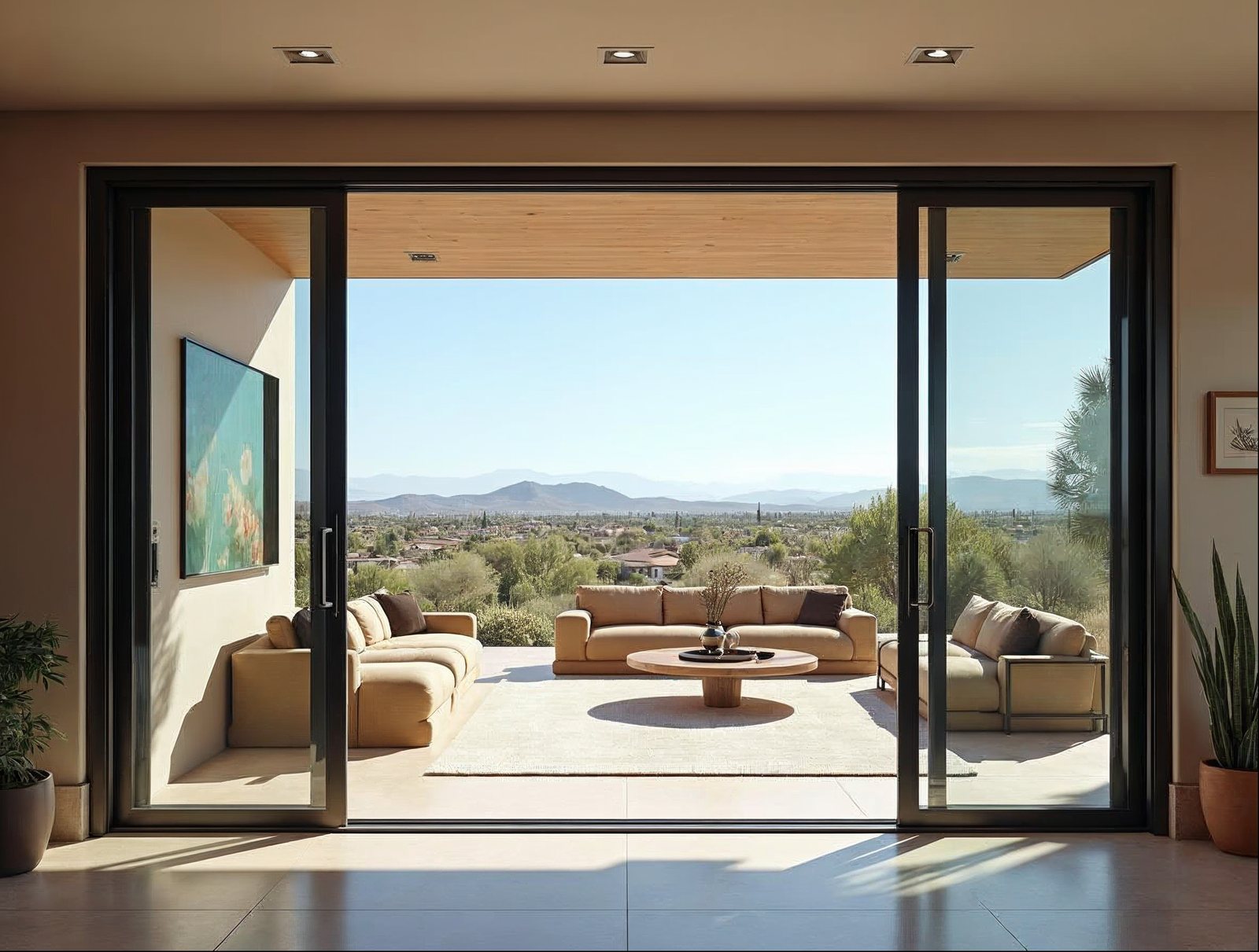 multi-slide sliding glass door open on a wide patio opening, matte black aluminum frame