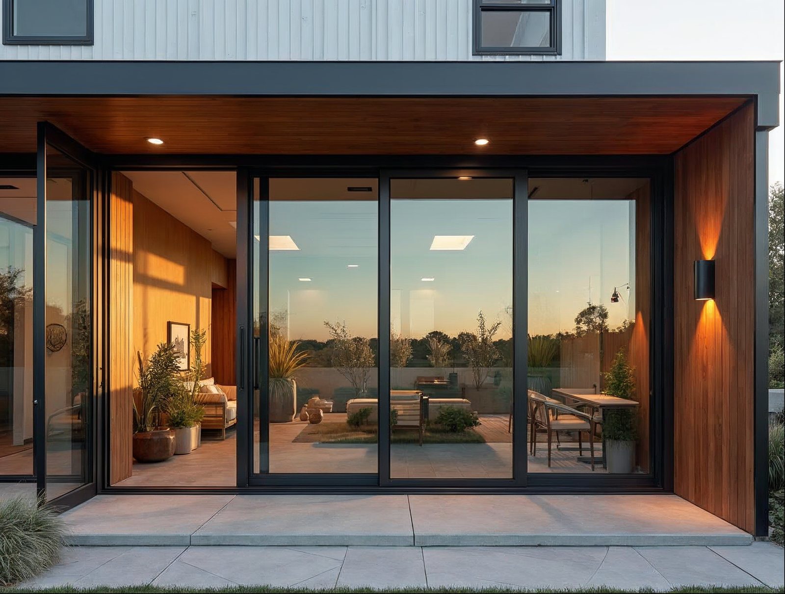 large multi-panel aluminum sliding glass door installed in existing wall, rough opening framing complete