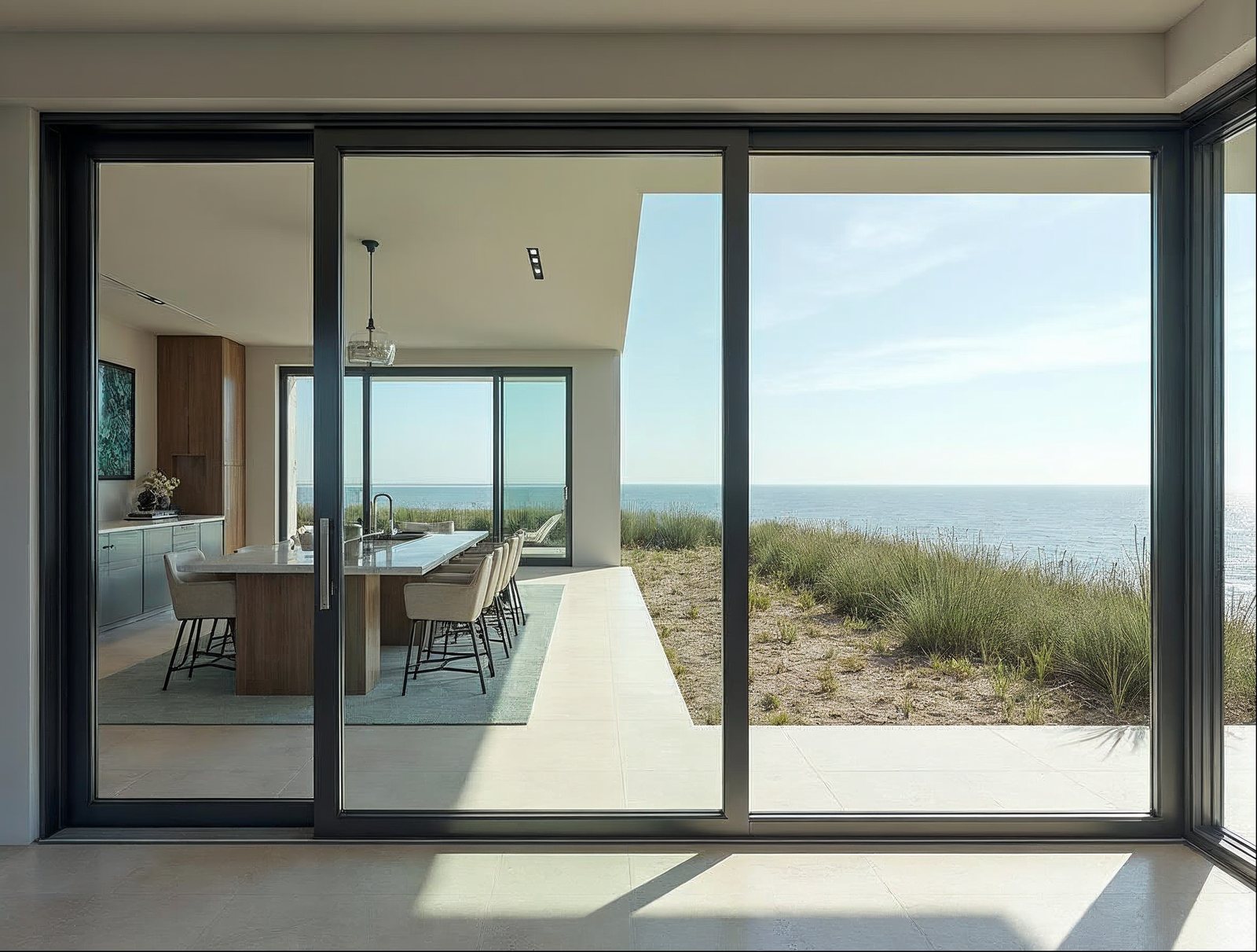 Wide exterior pocket sliding glass door system on a coastal luxury home, fully retracted into wall pocket