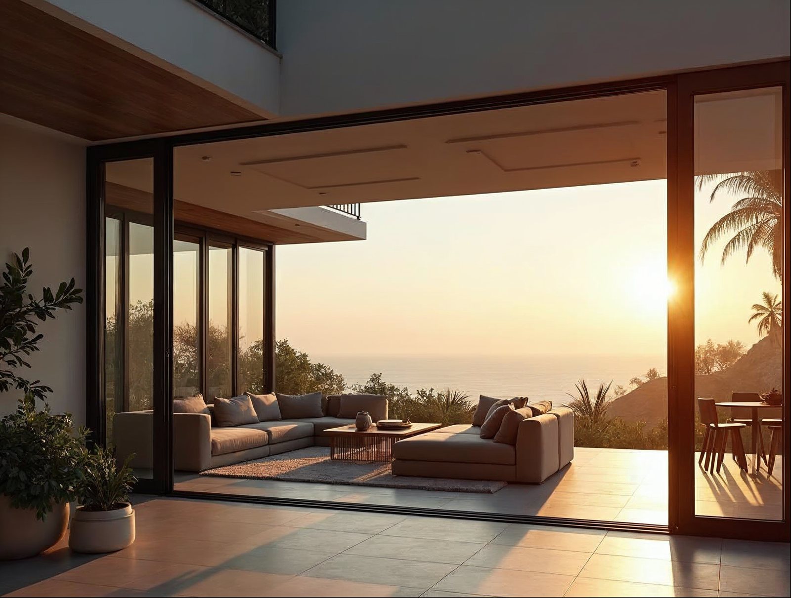 Exterior pocket sliding glass doors open to a California modern patio, matte black thermal-break aluminum frames