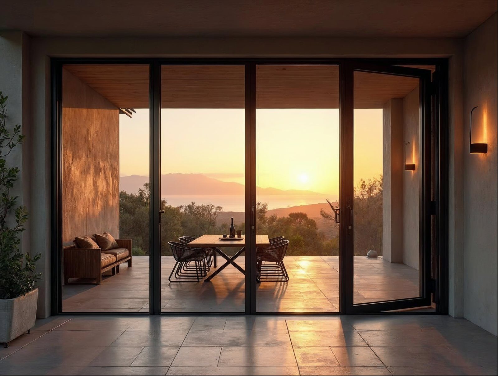 Exterior bi-fold glass doors open to a patio showing accordion door pricing and panel configuration