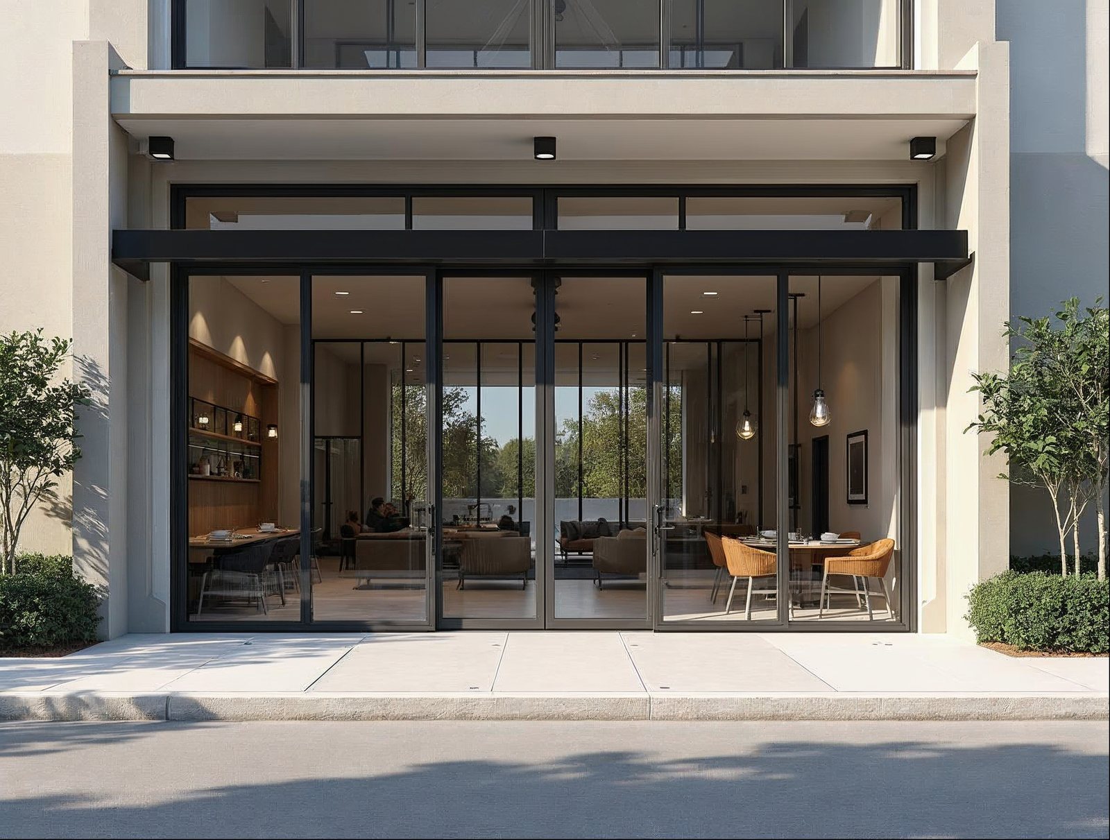 factory-direct commercial aluminum sliding glass doors on a mixed-use retail ground floor