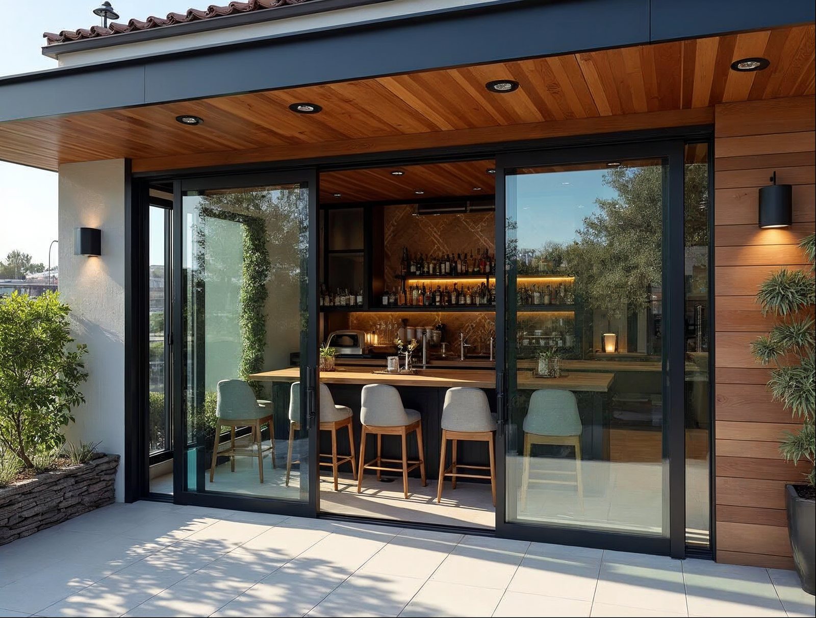 commercial aluminum sliding glass door system in matte black at a California restaurant