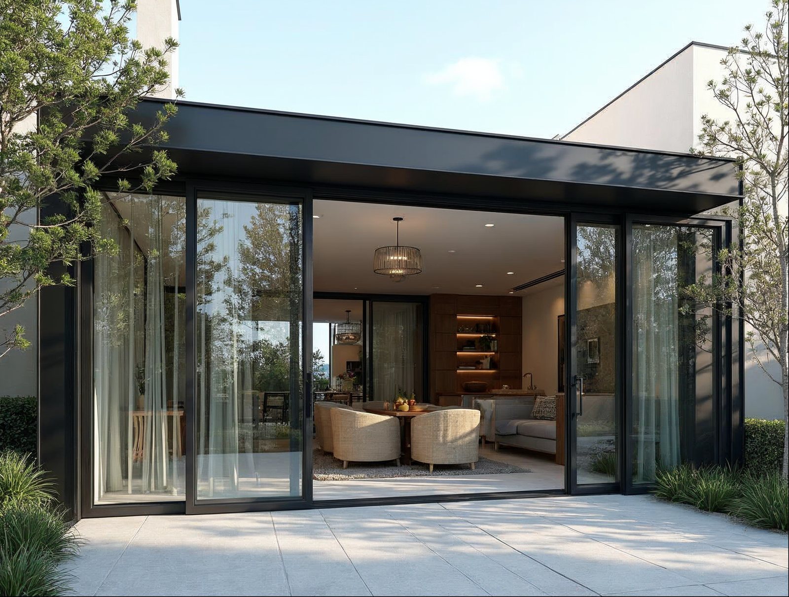 Large sliding glass door installation in new construction showing 6-panel aluminum system with low-profile track