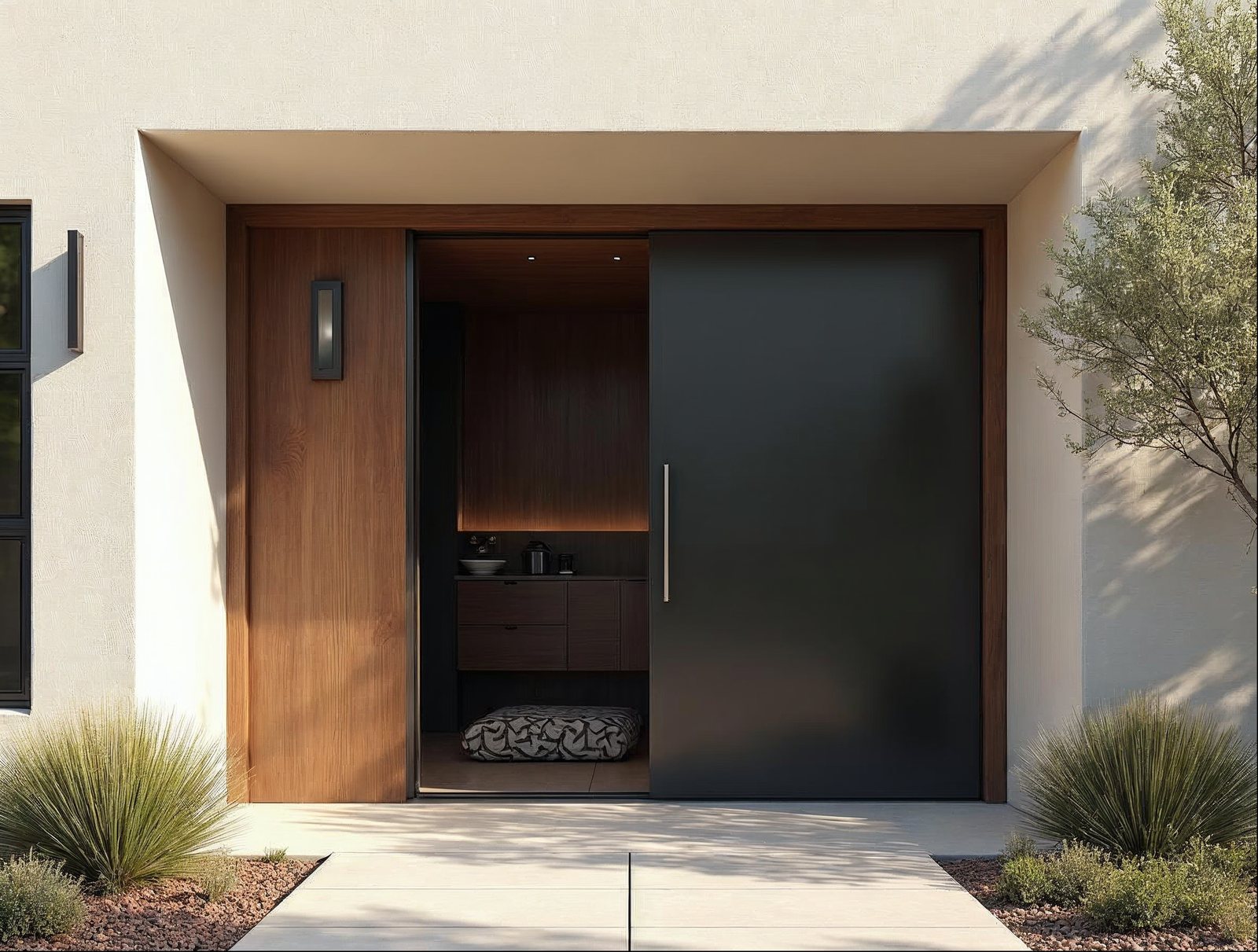 Oversized aluminum pivot entry door with sidelights on a contemporary Southwest home — pivot front door cost