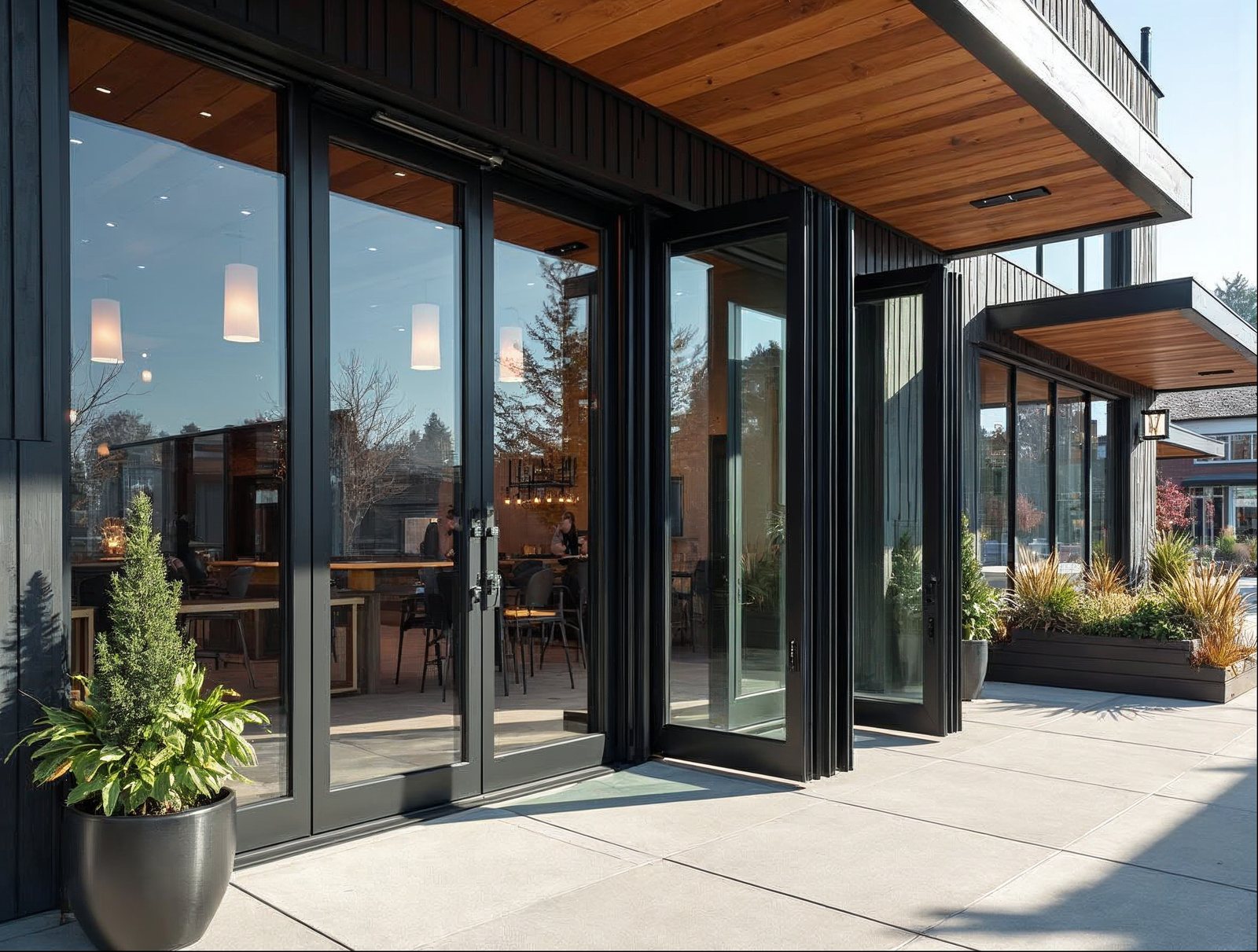 Aluminum accordion glass door system on a commercial mixed-use building — 6-panel bi-fold open configuration