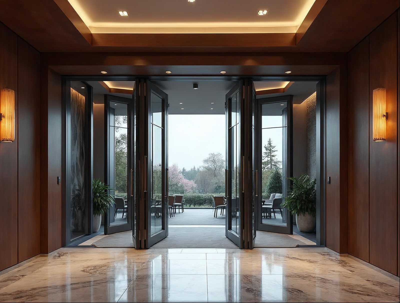 Large-span accordion glass doors for commercial hospitality project — thermal-break aluminum bi-fold system
