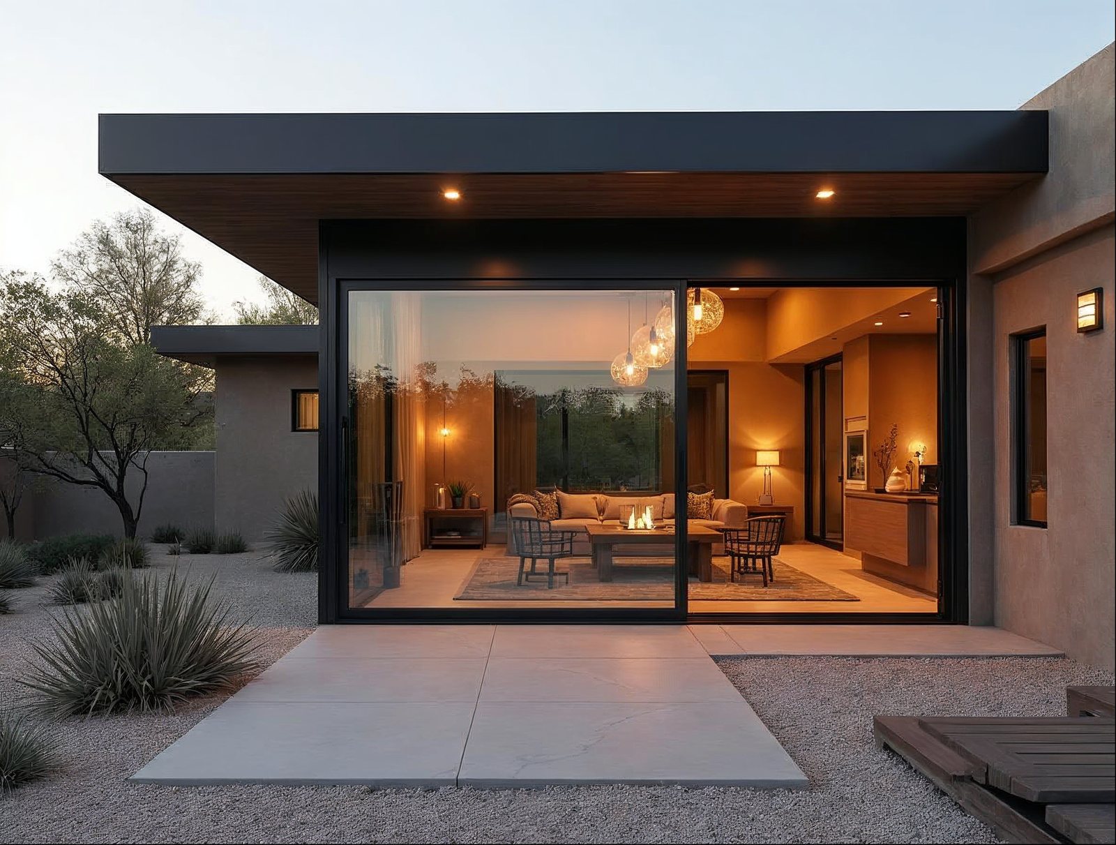 standard size in stock aluminum sliding patio door in matte black framing a Southwest desert courtyard