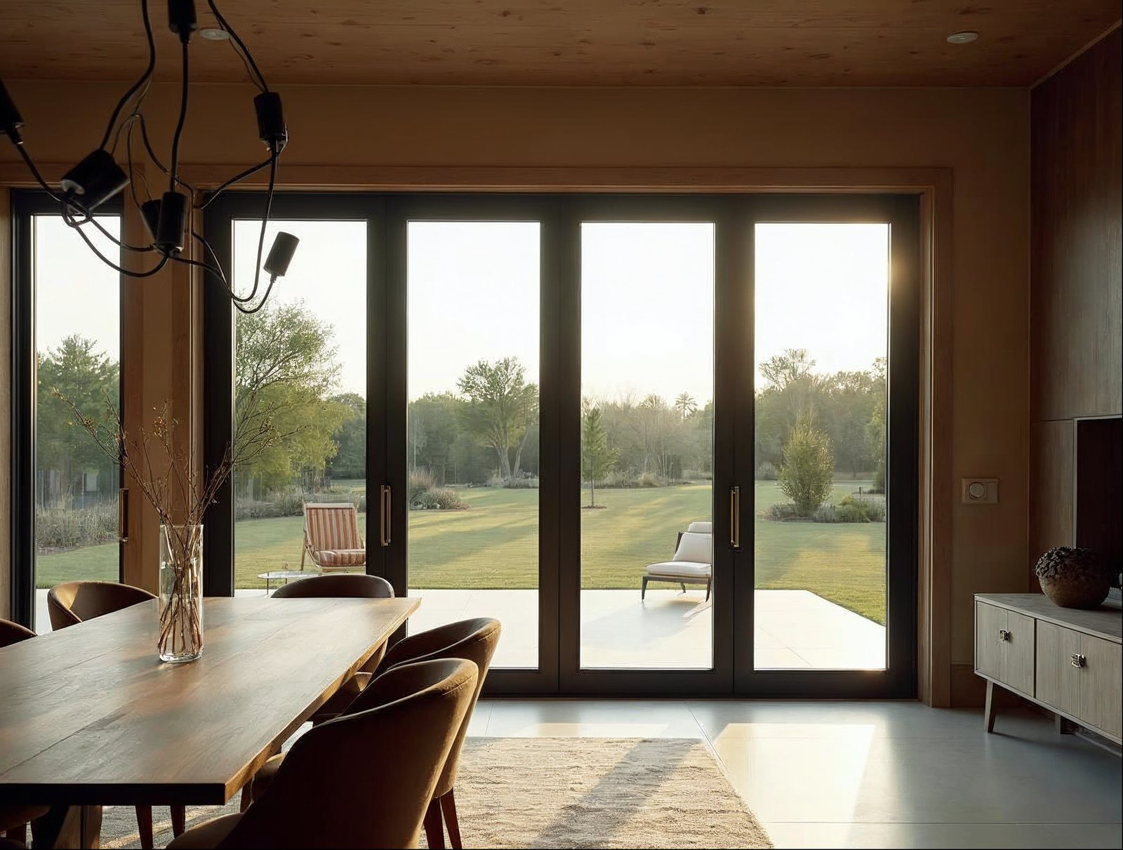 Matte black aluminum bi-fold accordion doors fully open on a large residential patio opening