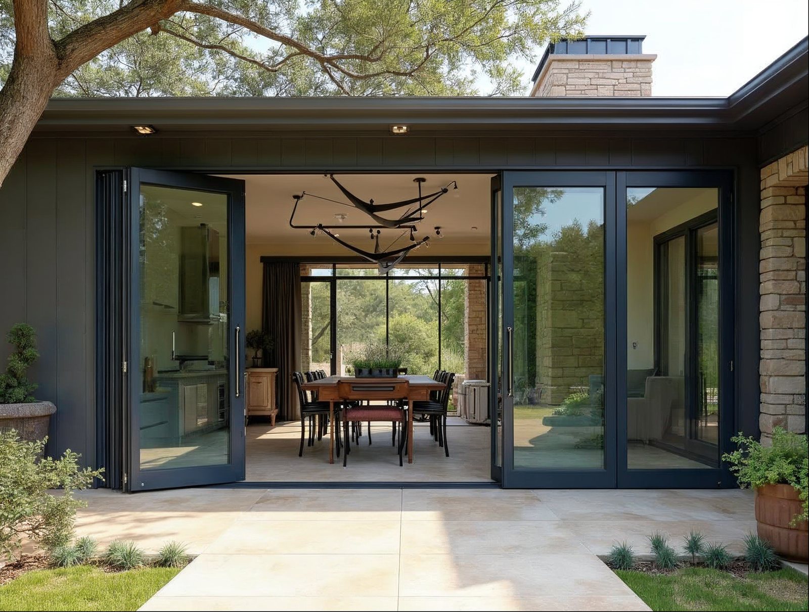 bi-fold accordion patio door cost guide — 5-panel folding door system on Texas Hill Country contemporary patio