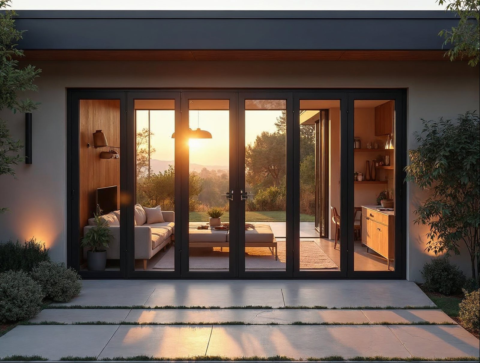 accordion patio doors for large opening — 6-panel bi-fold glass wall on Southern California mid-century modern home