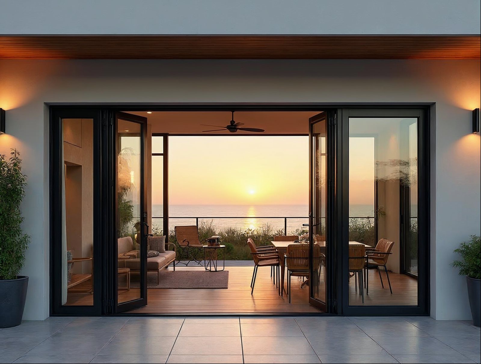 In-stock 6-panel aluminum folding glass wall doors fully open on a Florida coastal home at golden hour
