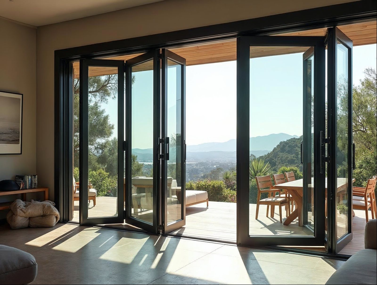 Matte black aluminum bi-fold accordion patio doors on a California modern home showing standard in-stock 4-panel configuration