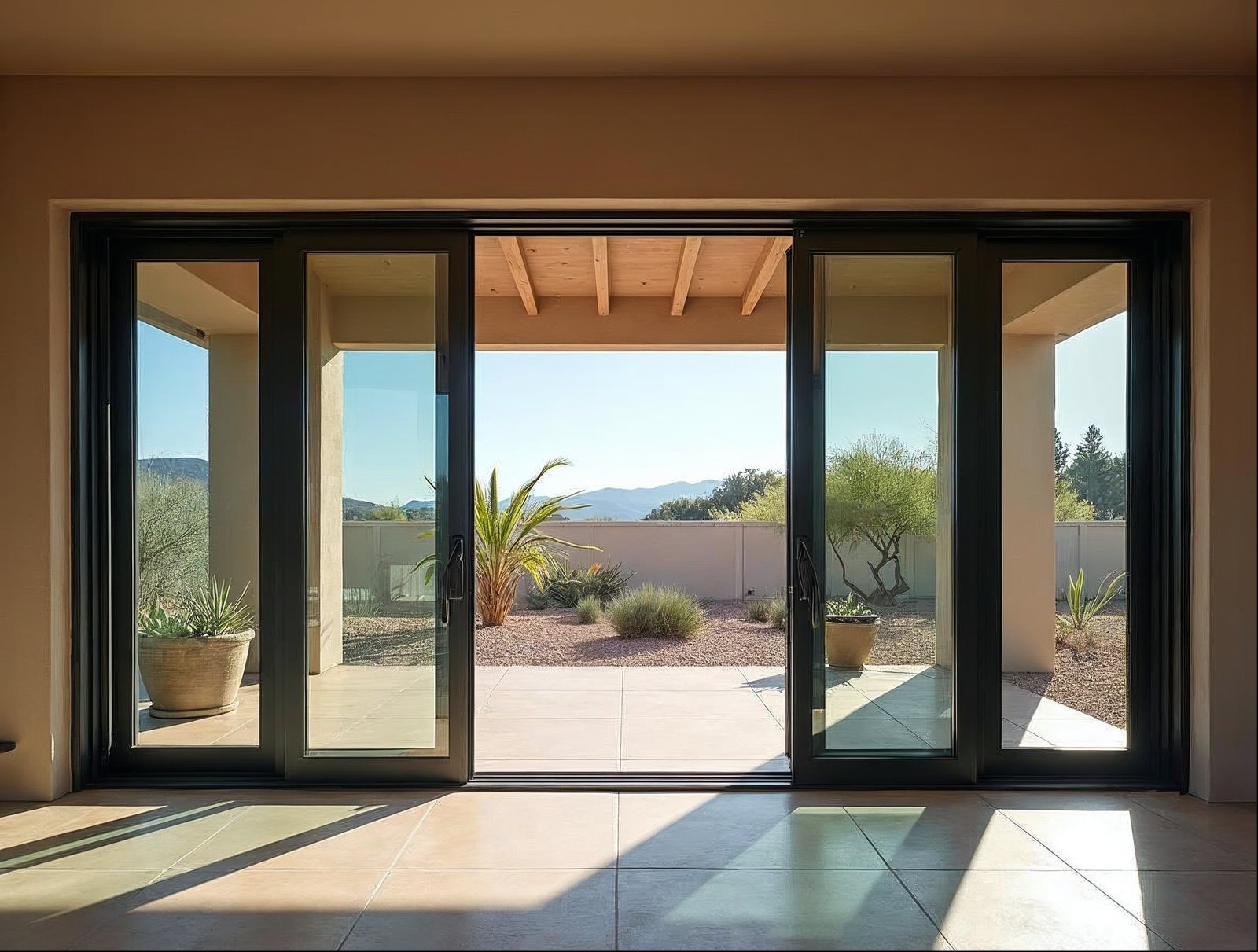 Bi-fold accordion patio door open to outdoor living area showing screen compatibility
