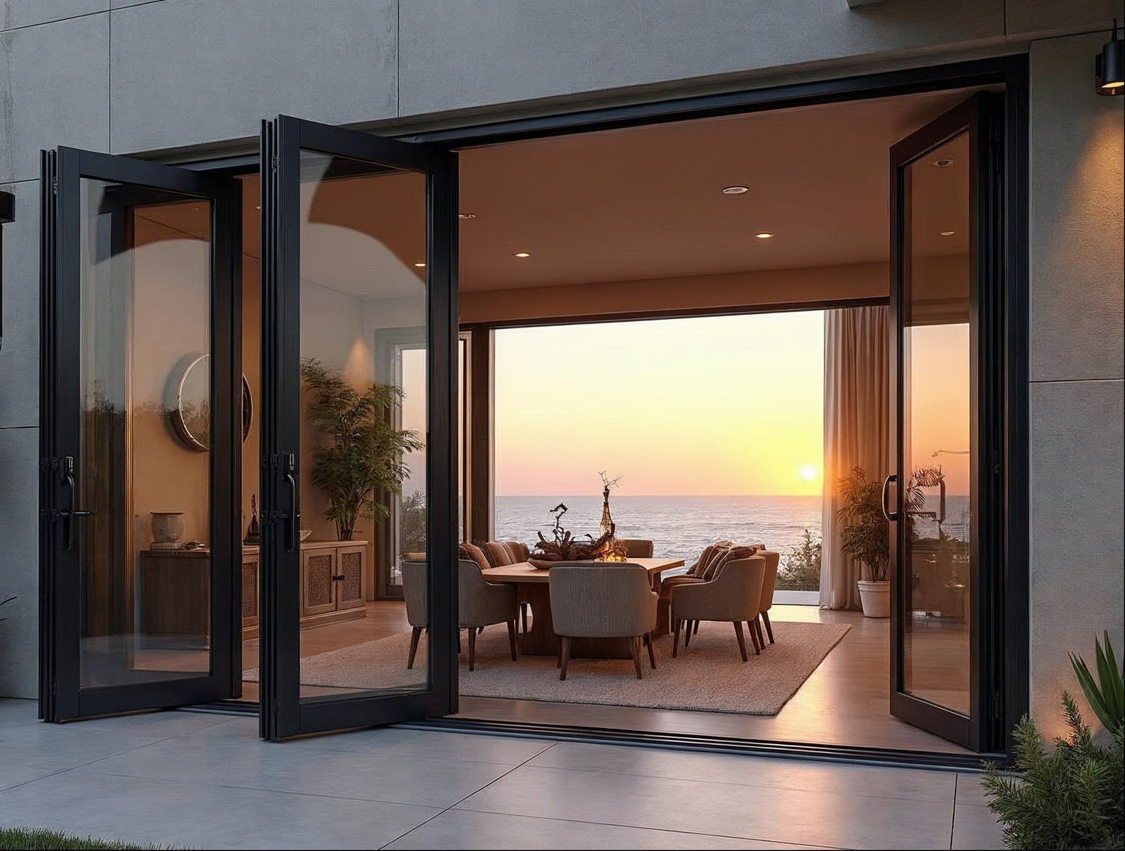 Folding glass patio door with sliding screen panel in matte black aluminum frame