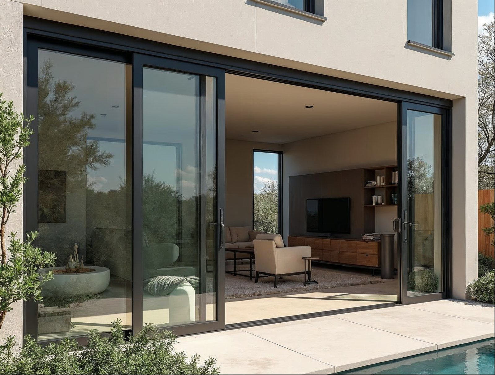 In-stock aluminum sliding glass door installed in modern Texas home, matte black frame