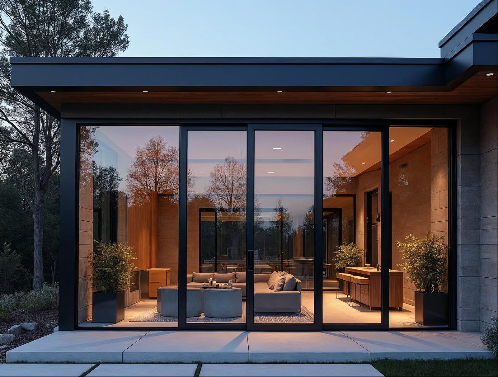 Multi-slide in-stock large sliding glass doors stacked open to covered patio