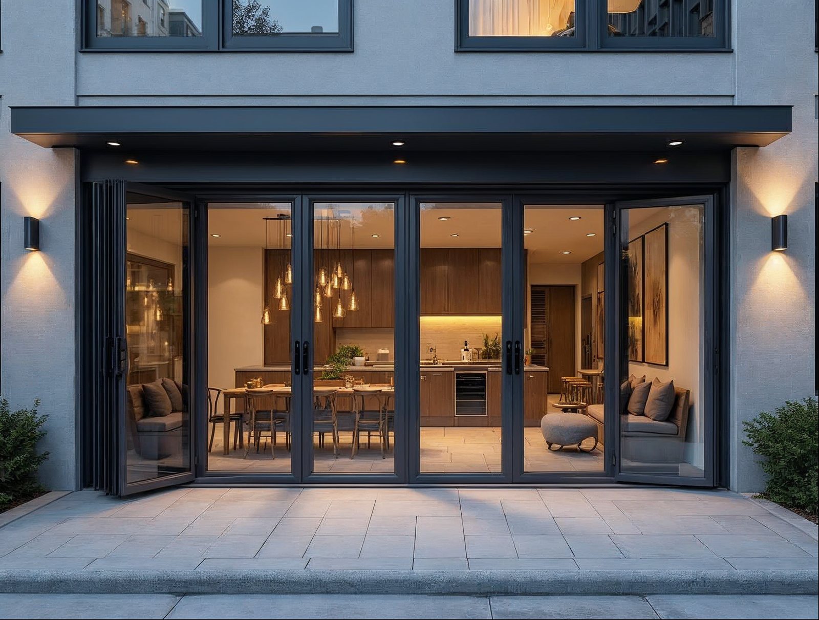 commercial aluminum bi-fold doors spanning 32 feet in a multi-family development amenity space