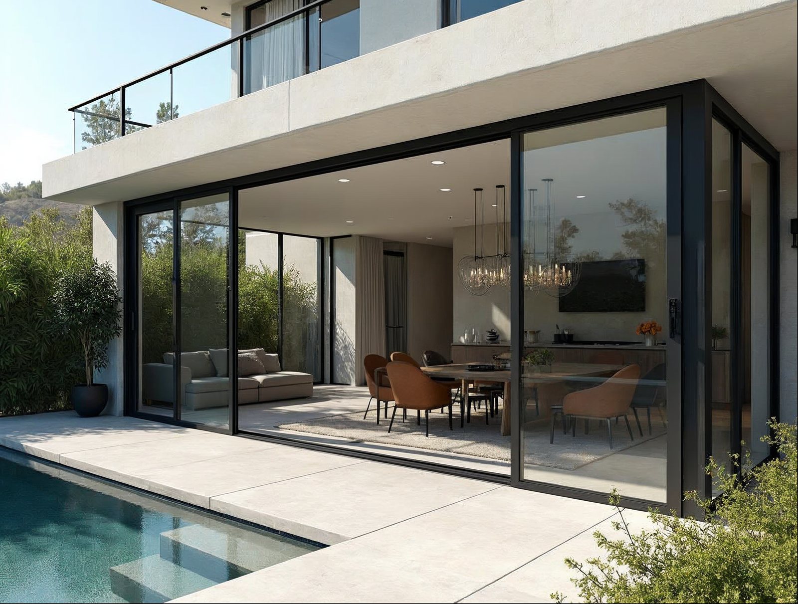 4-panel large aluminum sliding glass door in stock — matte black frame opening to modern patio