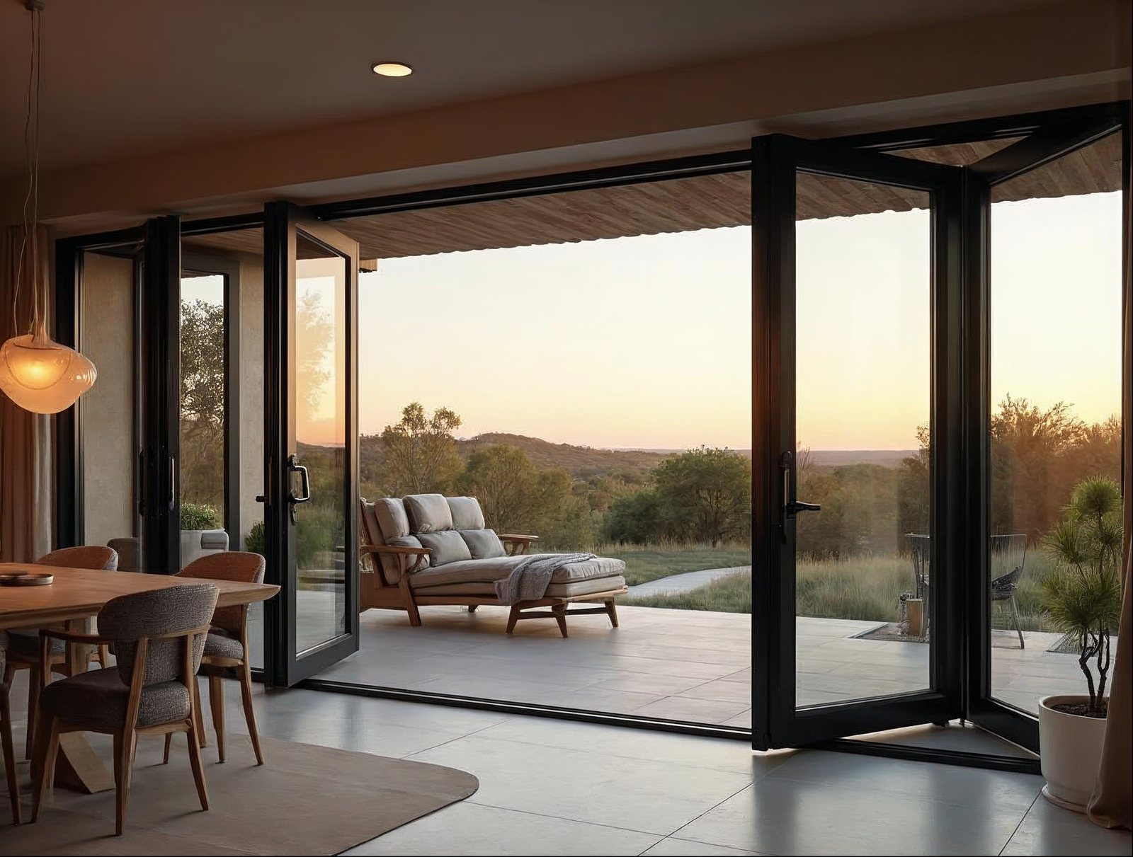 6-panel folding glass wall system spanning 24-foot opening in matte black aluminum with thermal-break frames