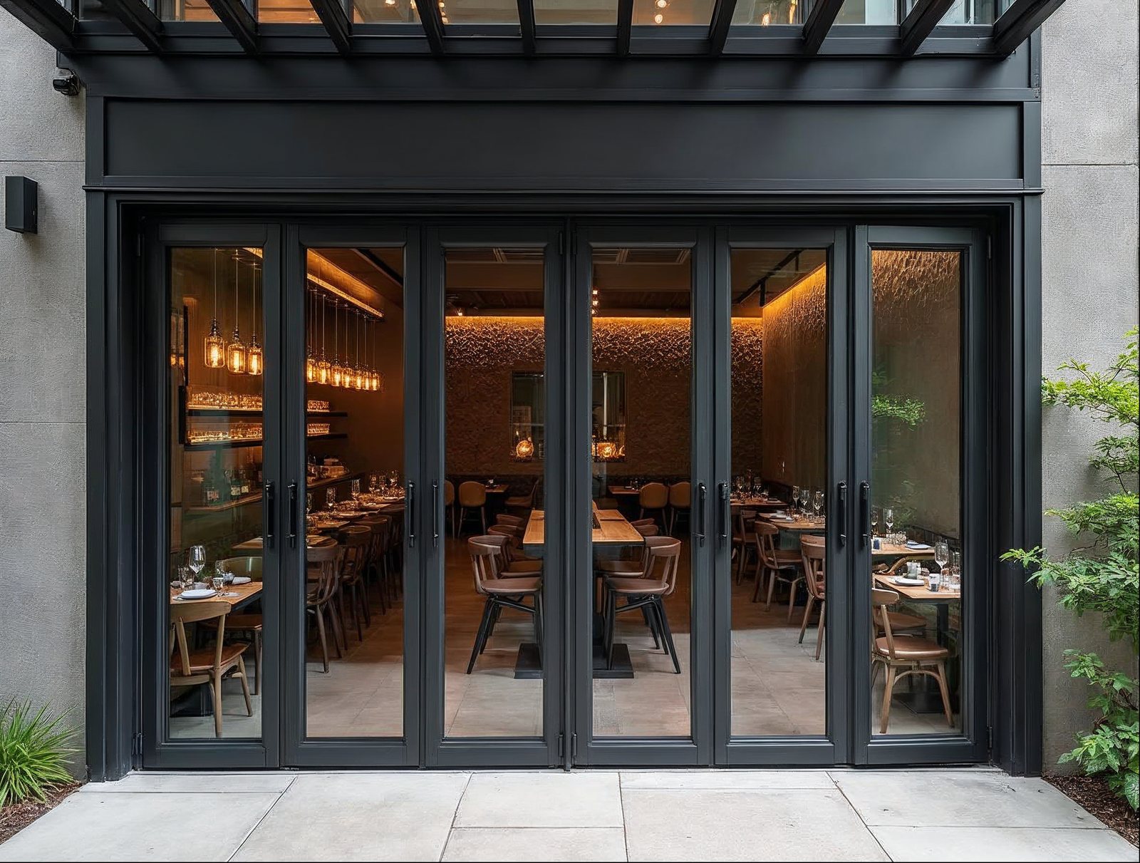 Commercial folding glass wall system open on a restaurant large exterior opening in matte black aluminum