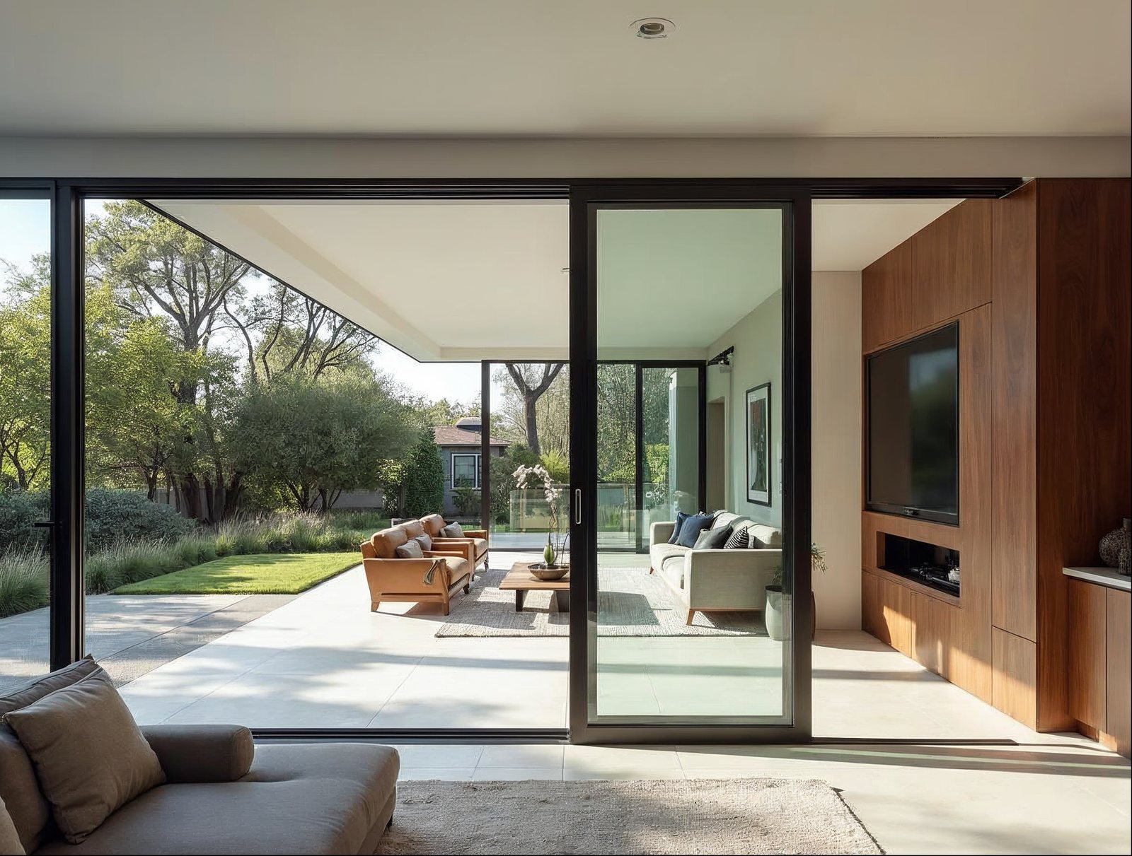 Gladiator exterior pocket sliding glass door open to patio — thermal-break aluminum, matte black finish