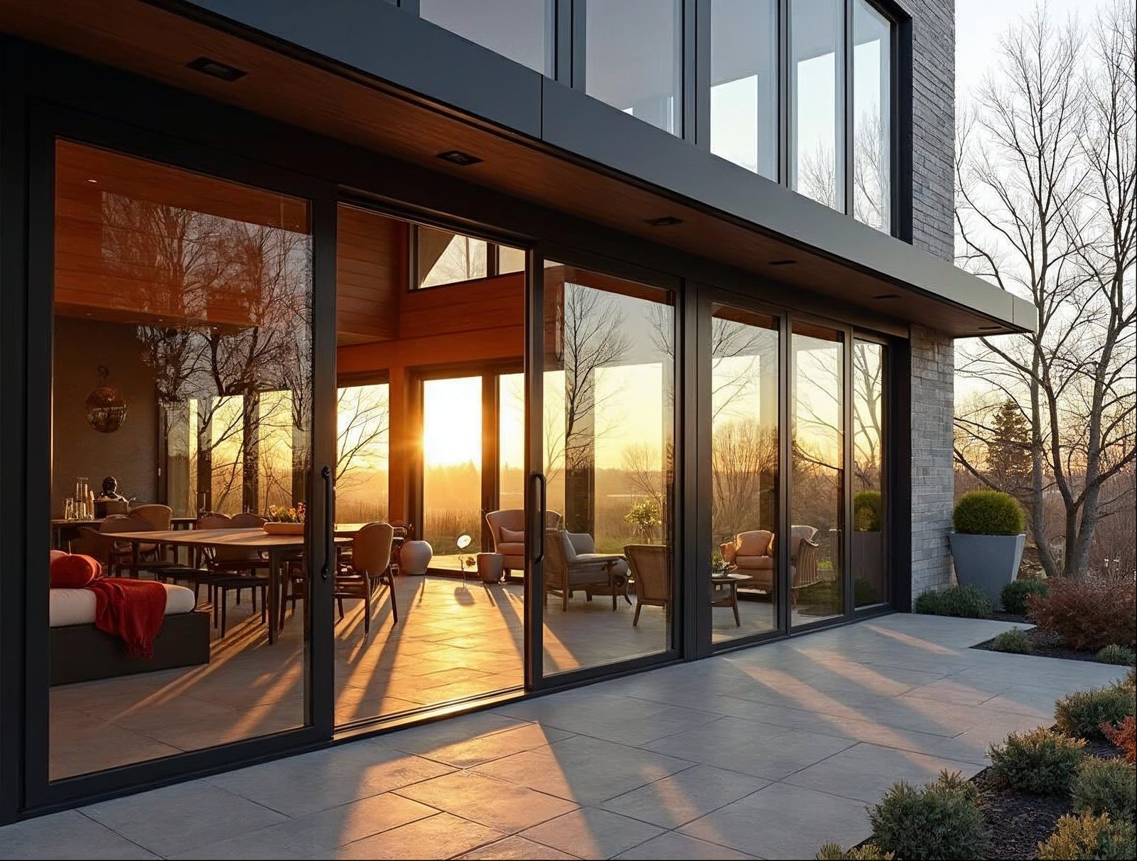 Large exterior pocket sliding glass door system by Gladiator — 6-panel wide opening, matte black aluminum frame