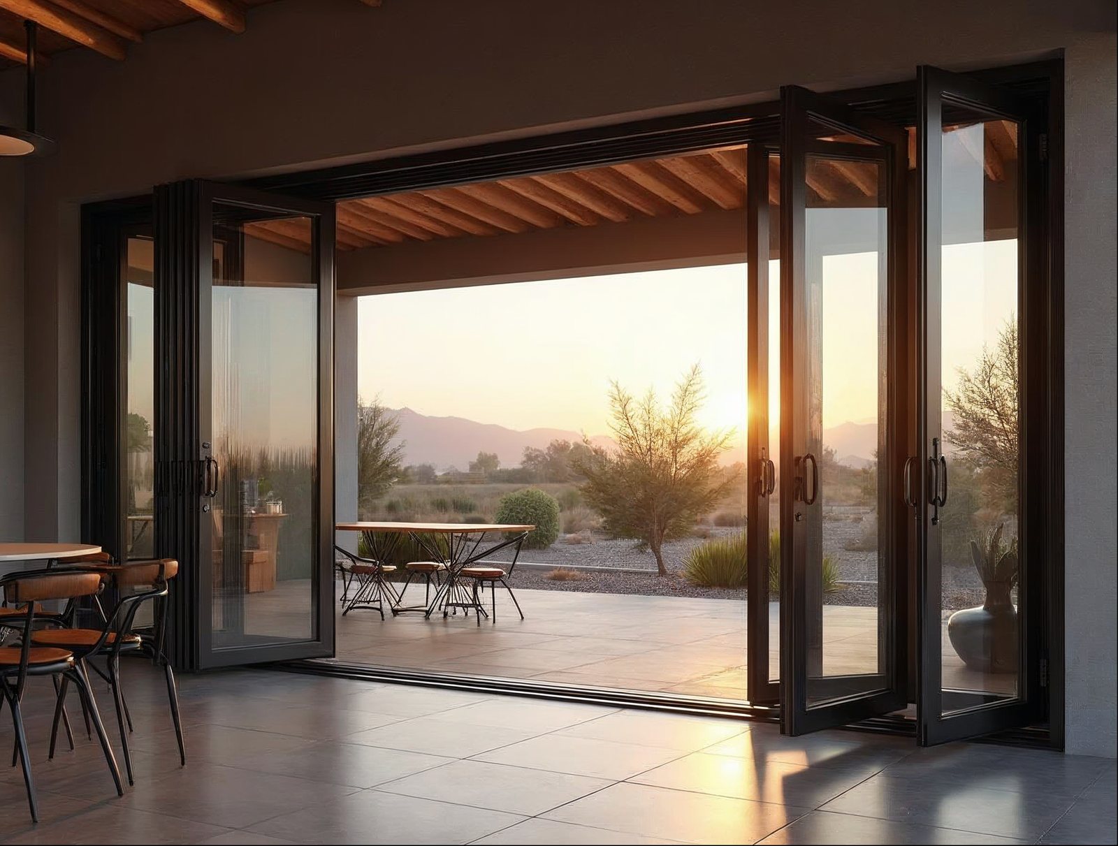 large bi-fold folding glass wall system on a California commercial project in matte black thermal-break aluminum