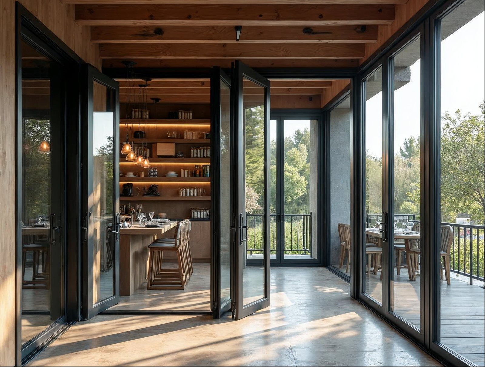 folding glass doors for restaurant opening cost — 5-panel bi-fold system in matte black aluminum at coastal venue