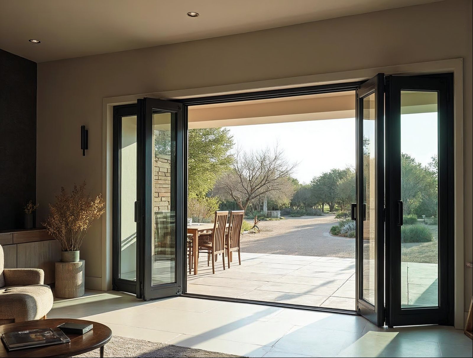 4-panel bi-fold door configuration opening outward onto a covered patio in matte black aluminum