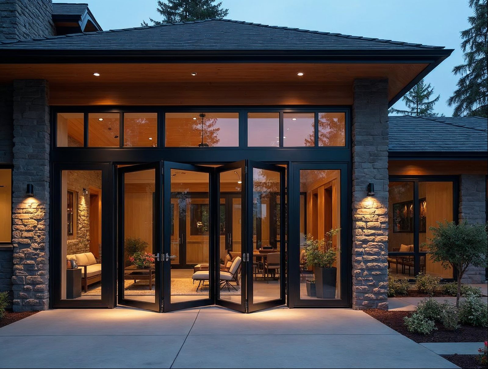 6-panel bi-fold door configuration with low-profile track threshold in matte black aluminum frame