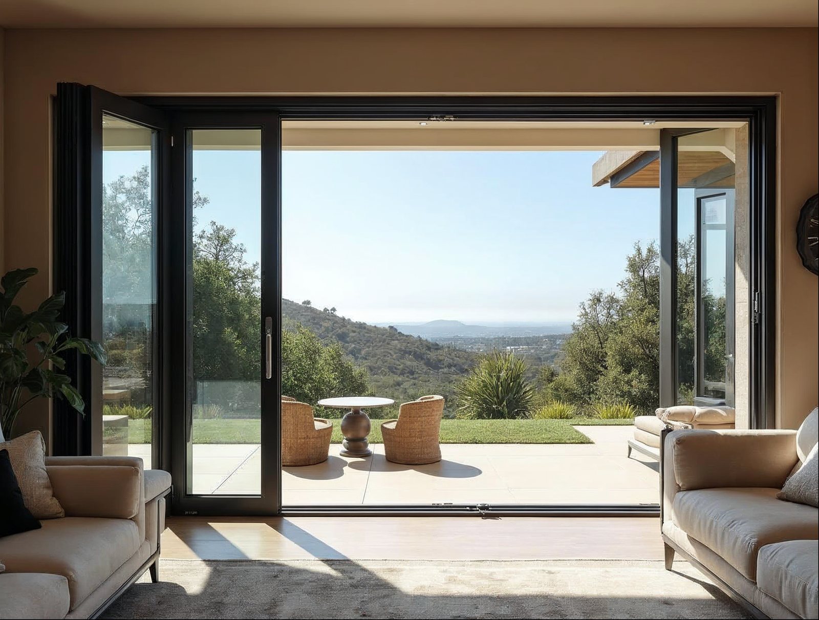 Matte black aluminum bi-fold doors open to pool deck showing reliability of large folding door system