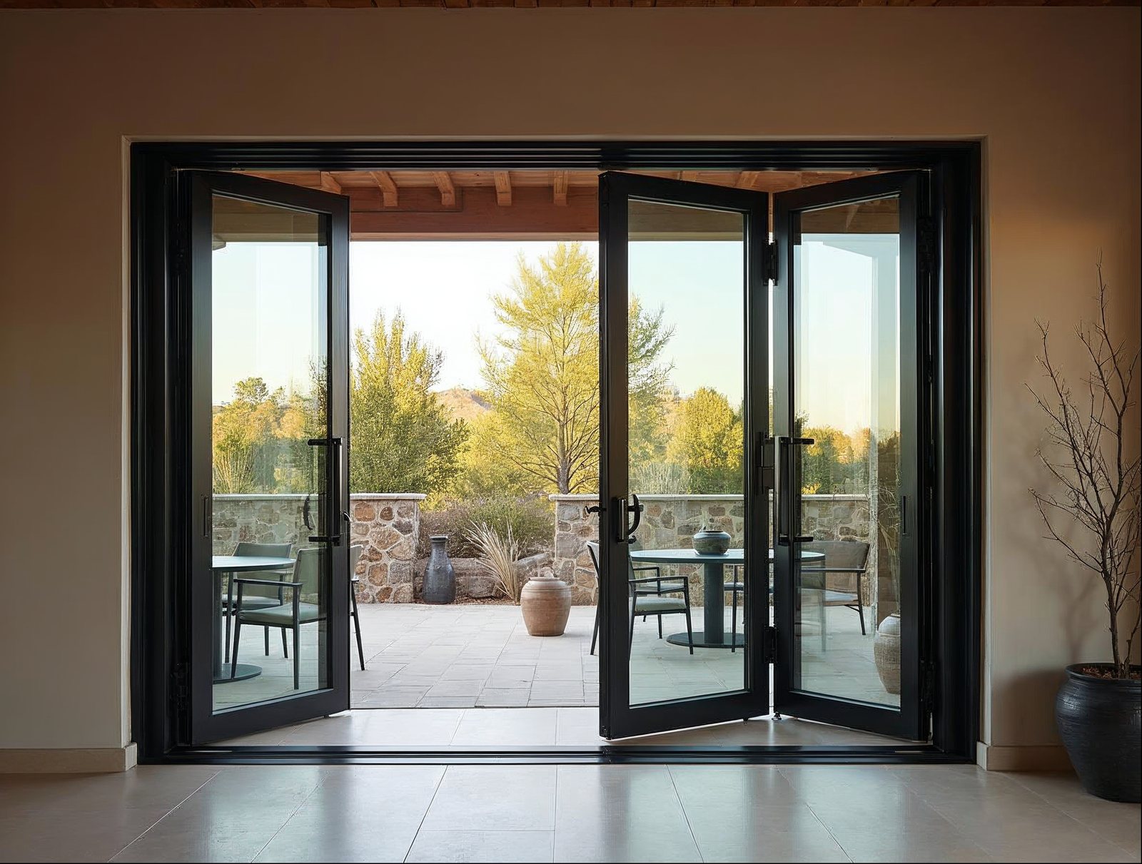 Aluminum bi-fold door system with multi-point locking hardware on wide patio opening