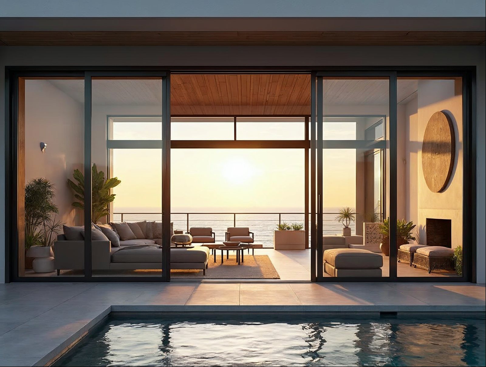 Matte black sliding glass wall system open to patio on Florida coastal modern home