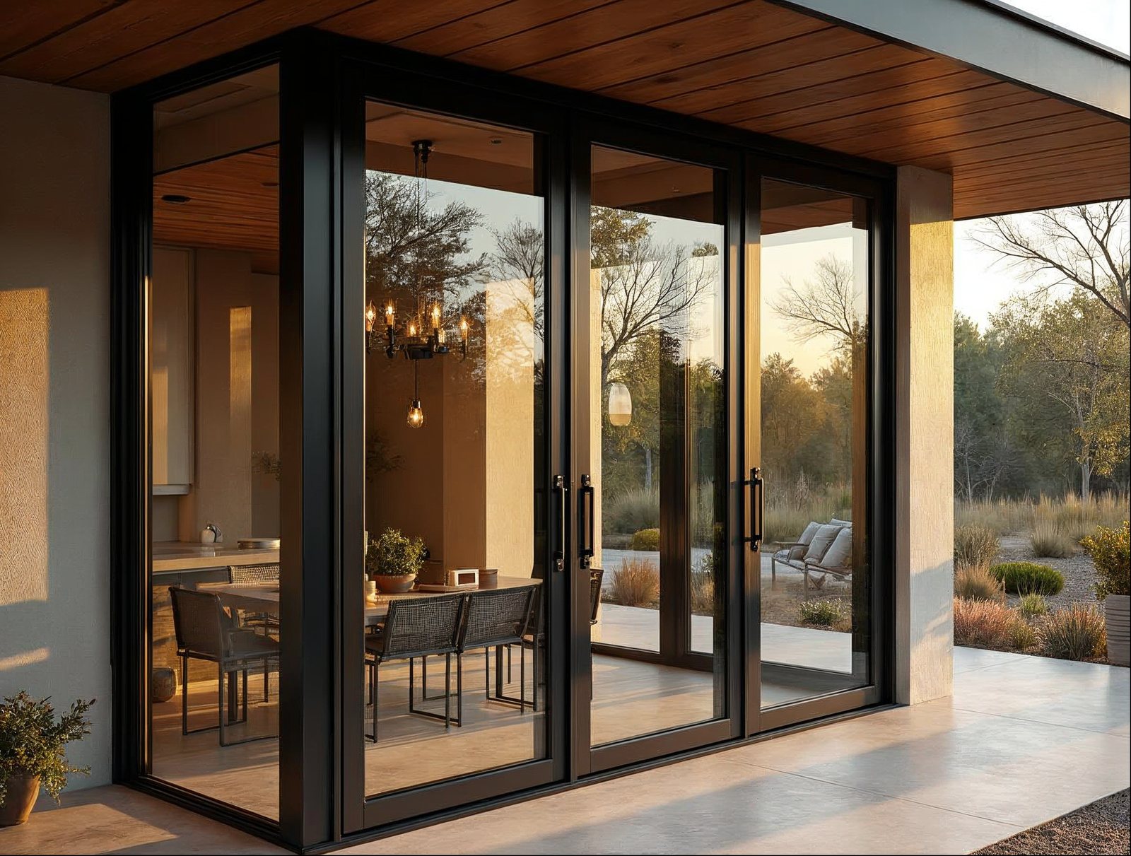 bi-fold accordion door vs multi-slide patio door comparison on wide outdoor opening, matte black aluminum