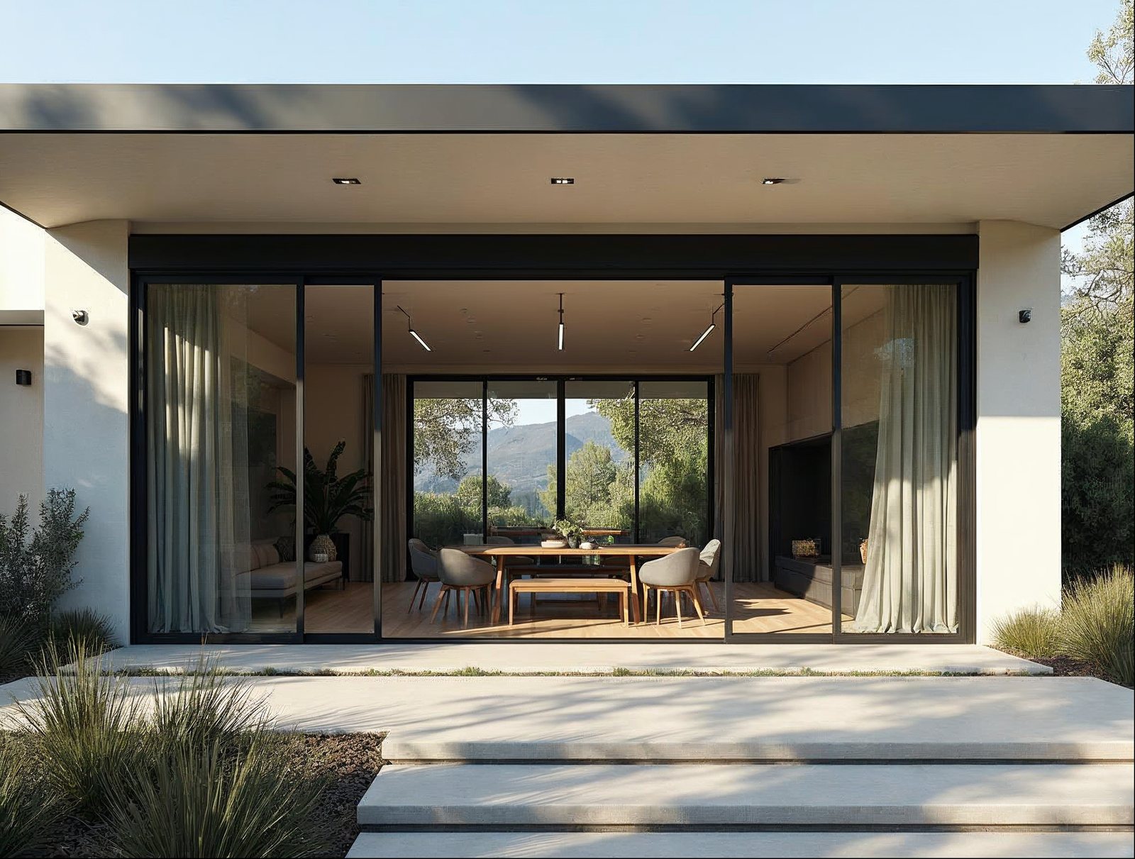 large 4-panel multi-slide pocket patio door fully open to pool deck, matte black frame
