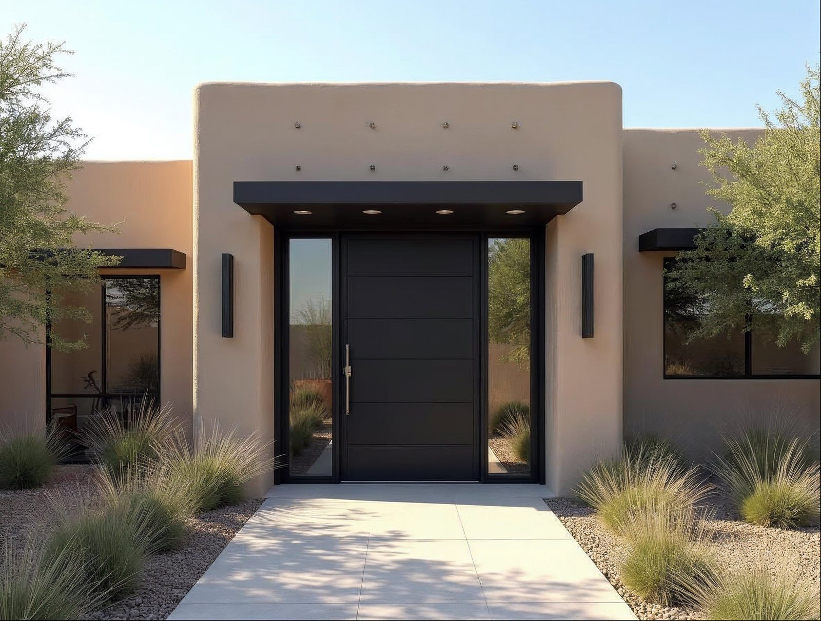 Oversized pivot front door with full glass panels and sidelights in matte black aluminum