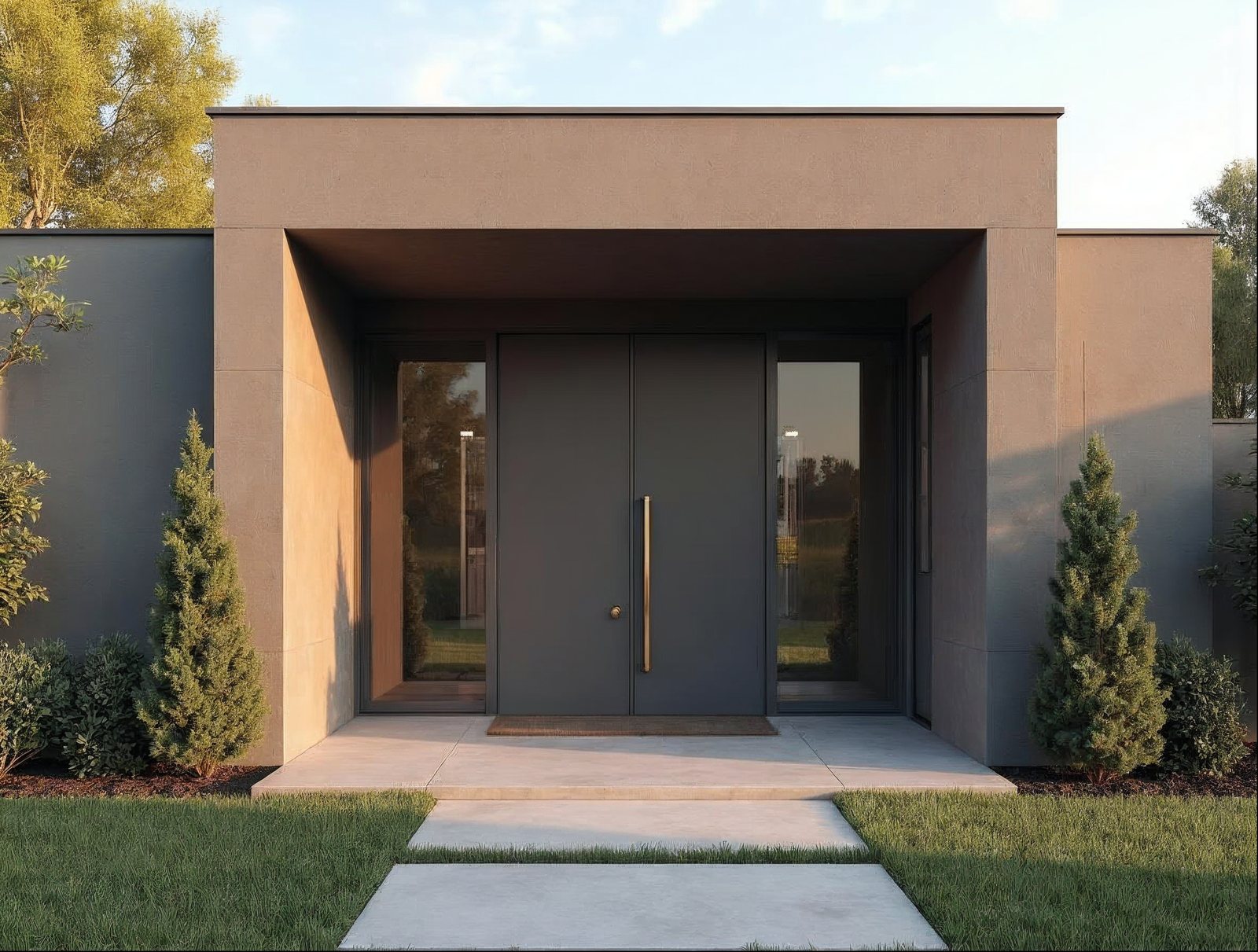 Modern pivot door with glass and sidelights in dark grey aluminum for architectural entry