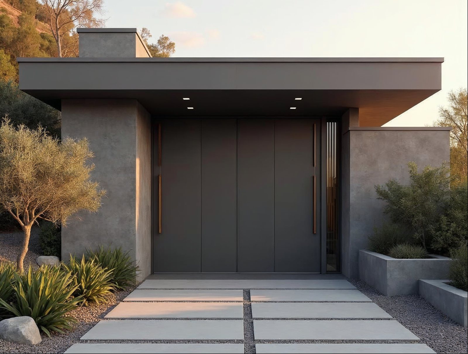 Commercial-grade pivot hinge hardware detail on an oversized aluminum pivot door