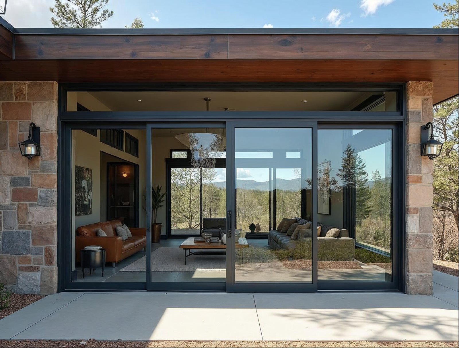 large sliding glass door with panel screen covering full-width patio opening