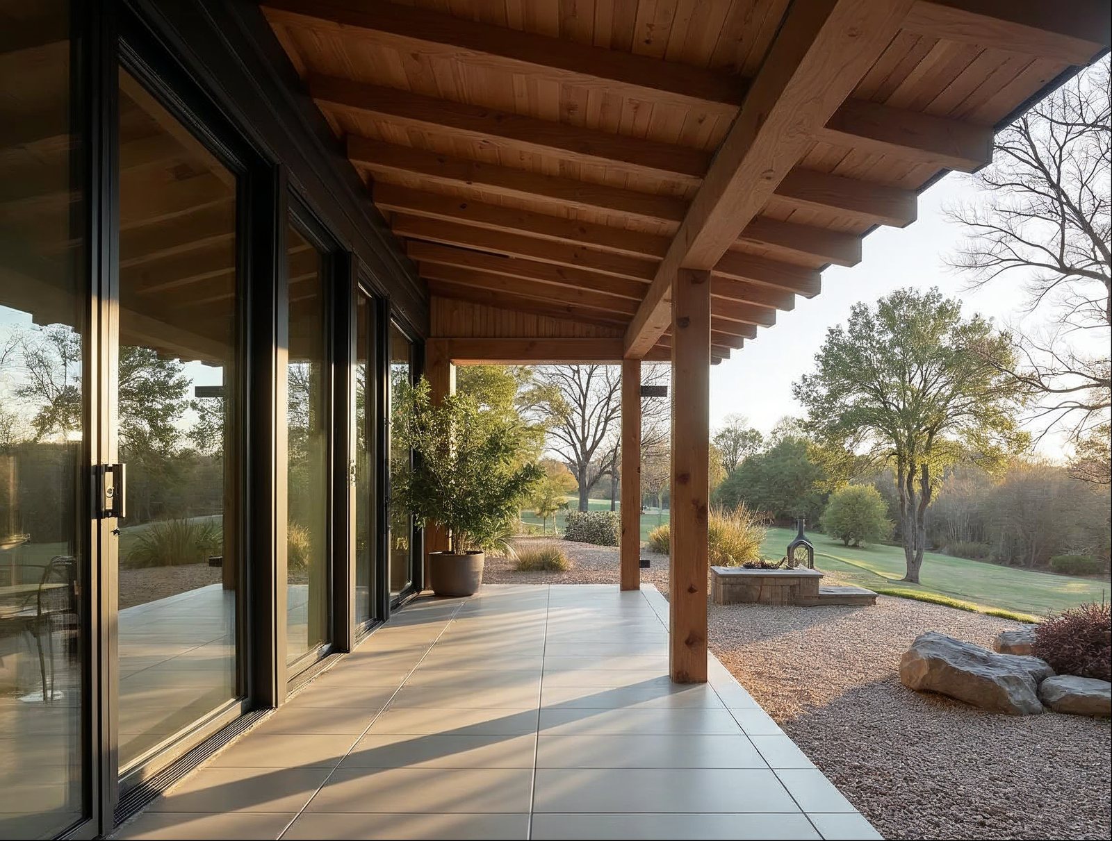 Four-panel multi-slide patio door with sliding screen panels on large patio opening