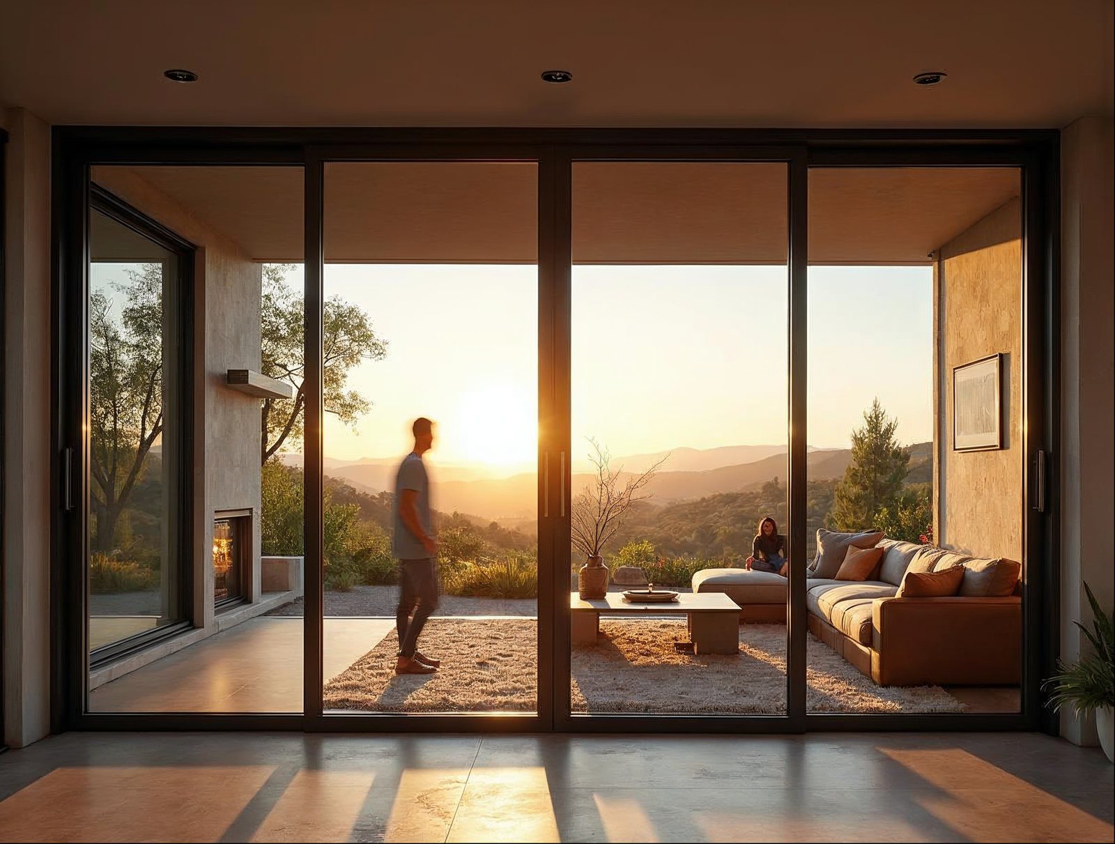 Three-panel multi-slide patio door with integrated screen track on wide opening