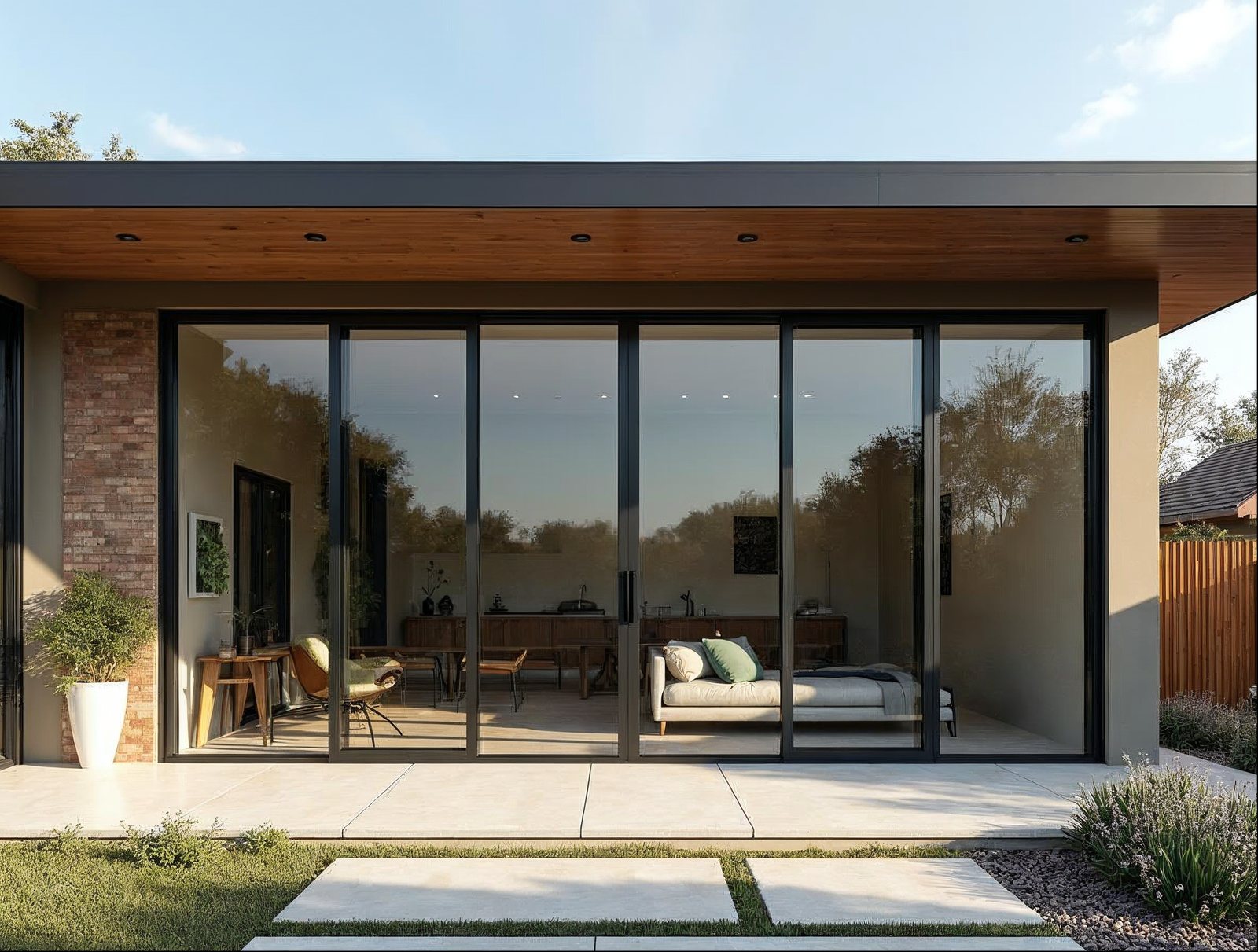 Four-panel aluminum sliding glass door spanning a wide exterior opening, matte black frame