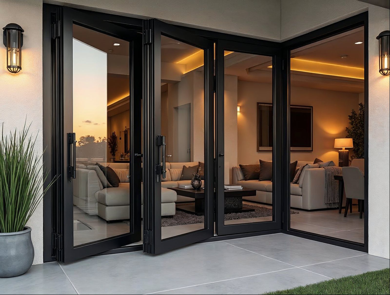 in-stock aluminum folding glass patio doors in a wide 6-panel configuration with matte black frame